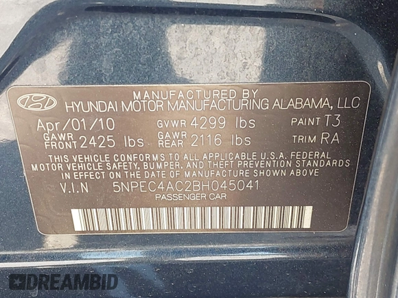 2011 Hyundai Sonata Limited with VIN 5NPEC4AC2BH045041, listed as a IAAI auction lot 42107980 with 176,041 mi miles and . Bid and sale history available at carsss.com. Image 9.