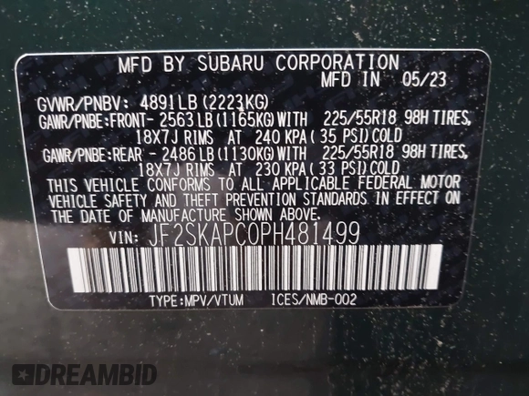 2023 Subaru Forester Limited with VIN JF2SKAPC0PH481499, listed as a IAAI auction lot 42441706 with 15,000 mi miles and . Bid and sale history available at DreamBid. Image 9.
