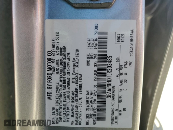 2020 Ford Fusion SE with VIN 3FA6P0HD1LR203485, listed as a Copart auction lot 52034815 with 105,442 mi miles and Clean title. Bid and sale history available at DreamBid. Image 12.