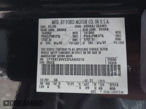 2002 Ford F-150 XL with VIN 1FTRX18W52NA84310, listed as a IAAI auction lot 41541794 with 325,315 mi miles and . Bid and sale history available at DreamBid. Image 9.