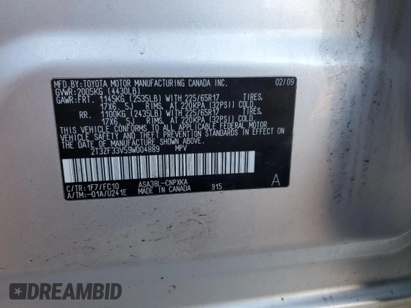 2009 Toyota RAV4 with VIN 2T3ZF33V59W004889, listed as a Copart auction lot 53512785 with 187,084 mi miles and Salvage Title. Bid and sale history available at carsss.com. Image 12.