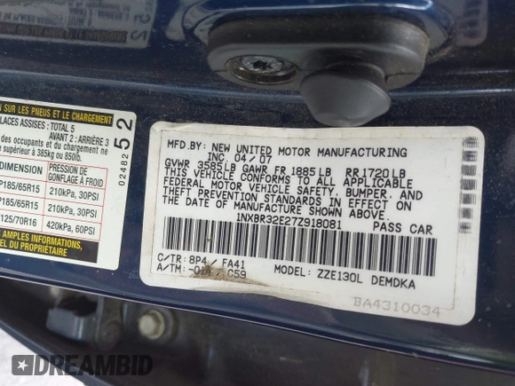 2007 Toyota Corolla CE with VIN 1NXBR32E27Z918081, listed as a IAAI auction lot 42034517 with 189,319 mi miles and . Bid and sale history available at DreamBid. Image 9.