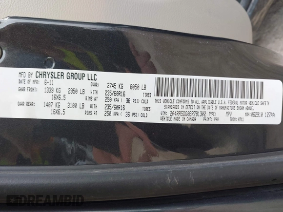 2011 Chrysler Town & Country Touring with VIN 2A4RR5DG0BR781302, listed as a IAAI auction lot 42049909 with 1 mi miles. Bid and sale history available at carsss.com. Image 9.