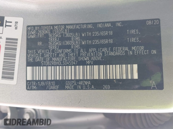 2020 Toyota Highlander LE with VIN 5TDBZRBH0LS045947, listed as a IAAI auction lot 41489923 with 81,946 mi miles and . Bid and sale history available at DreamBid. Image 9.