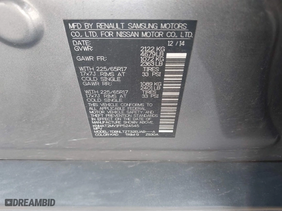 2015 Nissan Rogue SV with VIN KNMAT2MV1FP524545, listed as a IAAI auction lot 41848086 with 188,141 mi miles. Bid and sale history available at carsss.com. Image 9.