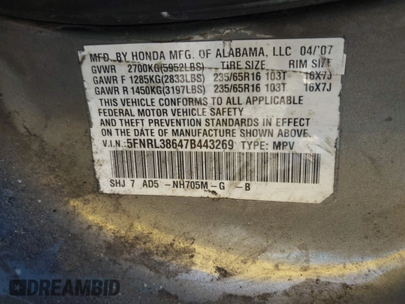 2007 Honda Odyssey EX-L z VIN 5FNRL38647B443269, wystawiony jako IAAI lot #42316300 z przebiegiem 121 616 mil mil oraz . Historia ofert i sprzedaży dostępna na DreamBid. Obrazek 9.