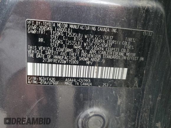 2013 Toyota RAV4 XLE с VIN 2T3RFREV2DW115909, выставлен на аукционе Copart как лот 53392705 с пробегом 211 546 миль миль и Списание • Salvage title. История ставок и продаж доступна на DreamBid. Изображение 14.