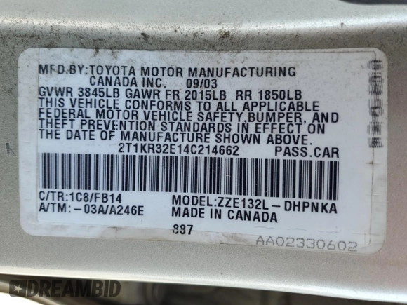 2004 Toyota Matrix Std with VIN 2T1KR32E14C214662, listed as a Copart auction lot 49459355 with 243,651 mi miles and Salvage Title. Bid and sale history available at carsss.com. Image 13.