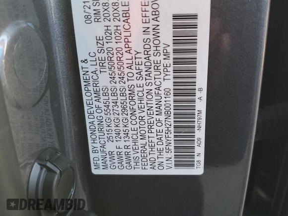 2022 Honda Pilot Special Edition with VIN 5FNYF5H27NB001160, listed as a Copart auction lot 75033674 with Not Provided miles and Salvage Title. Bid and sale history available at DreamBid. Image 14.