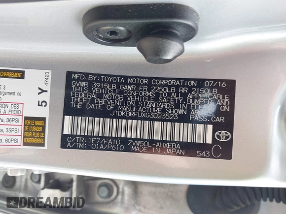 2016 Toyota Prius Two with VIN JTDKBRFUXG3023523, listed as a IAAI auction lot 41757143 with 124,144 mi miles. Bid and sale history available at carsss.com. Image 9.