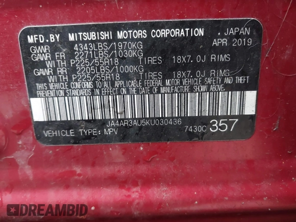 2019 Mitsubishi Outlander ES z VIN JA4AR3AU5KU030436, wystawiony jako IAAI lot #41509150 z przebiegiem 72 657 mil mil oraz . Historia ofert i sprzedaży dostępna na DreamBid. Obrazek 9.
