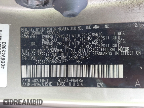 2006 Toyota Sienna CE with VIN 5TDZA23C86S431441, listed as a IAAI auction lot 42139293 with 256,664 mi miles and . Bid and sale history available at DreamBid. Image 9.