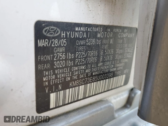 2005 Hyundai Santa Fe GLS with VIN KM8SC73E85U003398, listed as a Copart auction lot 74241874 with 162,057 mi miles and Salvage Title. Bid and sale history available at carsss.com. Image 13.