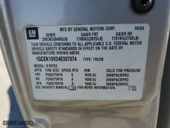 2004 Chevrolet Silverado 1500 LS with VIN 1GCEK19V34E387074, listed as a Copart auction lot 46157045 with 215,909 mi miles and Clean Title. Bid and sale history available at carsss.com. Image 12.