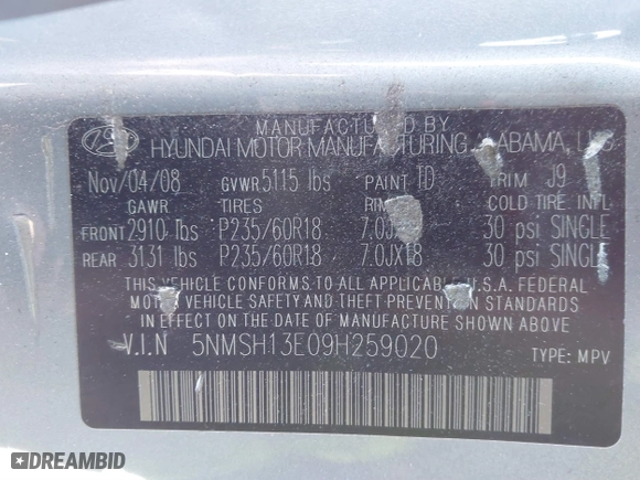 2009 Hyundai Santa Fe SE with VIN 5NMSH13E09H259020, listed as a IAAI auction lot 41236834 with 180,776 mi miles. Bid and sale history available at carsss.com. Image 9.