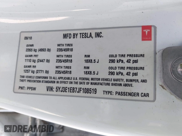 2018 Tesla Model 3 Long Range Battery with VIN 5YJ3E1EB7JF108519, listed as a IAAI auction lot 41835266 with 120,662 mi miles and . Bid and sale history available at DreamBid. Image 9.