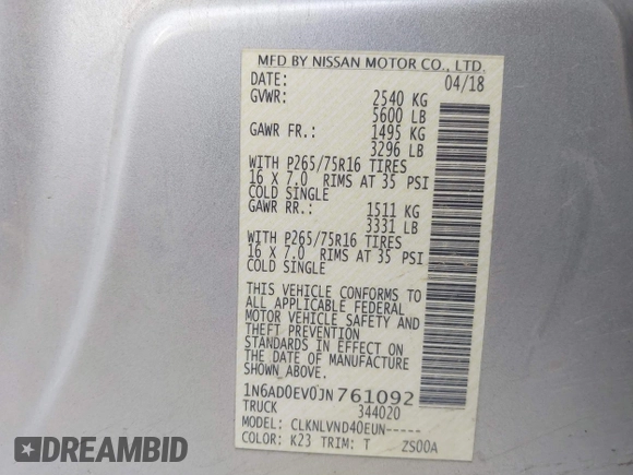 2018 Nissan Frontier SV with VIN 1N6AD0EV0JN761092, listed as a IAAI auction lot 41502701 with 103,900 mi miles and . Bid and sale history available at DreamBid. Image 9.