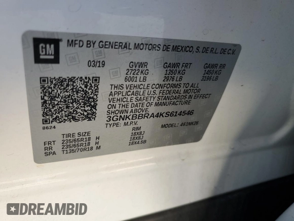 2019 Chevrolet Blazer z VIN 3GNKBBRA4KS614546, wystawiony jako Copart lot #48635025 z przebiegiem 123 417 mil mil oraz Szkoda całkowita • Salvage title. Historia ofert i sprzedaży dostępna na DreamBid. Obrazek 16.