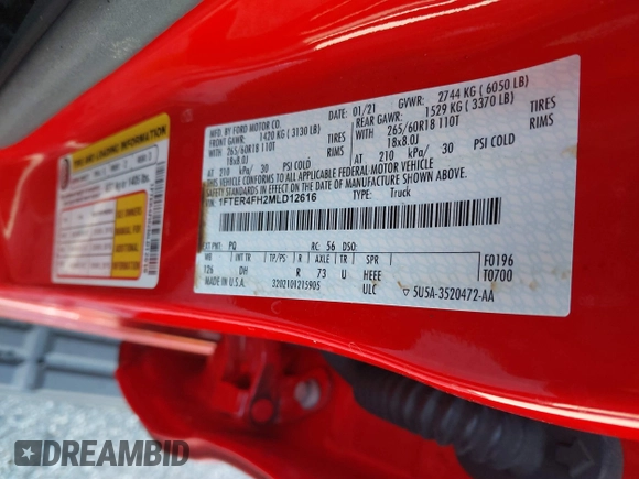 2021 Ford Ranger XL with VIN 1FTER4FH2MLD12616, listed as a IAAI auction lot 41795155 with Not Provided miles and . Bid and sale history available at DreamBid. Image 9.