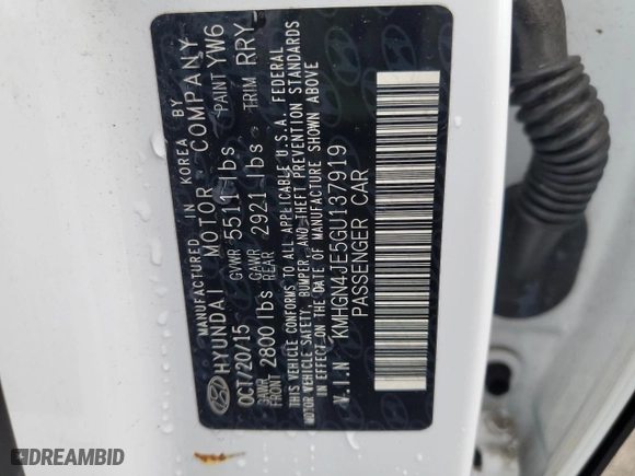 2016 Hyundai Genesis 3.8L with VIN KMHGN4JE5GU137919, listed as a Copart auction lot 49777735 with 51,643 mi miles and Salvage Title. Bid and sale history available at carsss.com. Image 12.