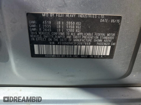 2015 Subaru Legacy Limited with VIN 4S3BNBN63F3067668, listed as a Copart auction lot 65607345 with 115,335 mi miles and Salvage title. Bid and sale history available at DreamBid. Image 12.