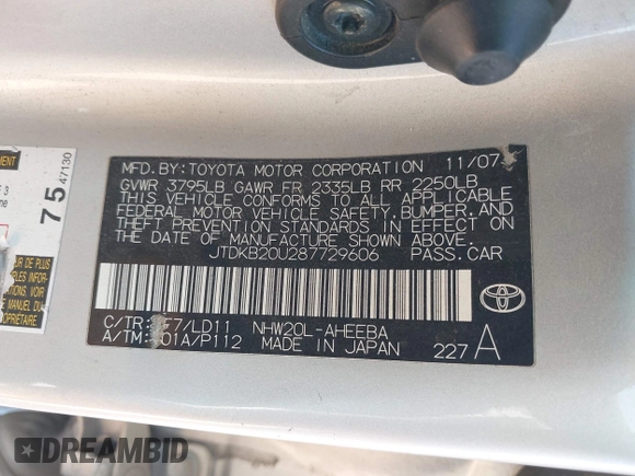 2008 Toyota Prius with VIN JTDKB20U287729606, listed as a IAAI auction lot 42781432 with 119,952 mi miles and . Bid and sale history available at DreamBid. Image 9.