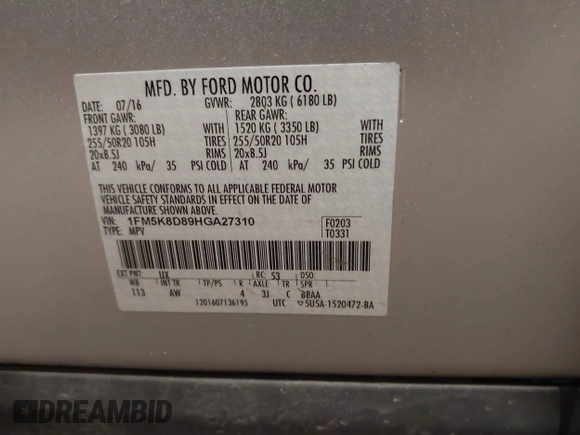 2017 Ford Explorer XLT с VIN 1FM5K8D89HGA27310, выставлен на аукционе IAAI как лот 42051535 с пробегом 111 483 миль миль и . История ставок и продаж доступна на DreamBid. Изображение 9.