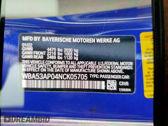 2022 BMW 4 Series 430i z VIN WBA53AP04NCK05705, wystawiony jako Copart lot #53692445 z przebiegiem 39 080 mil mil oraz Szkoda całkowita • Salvage title. Historia ofert i sprzedaży dostępna na DreamBid. Obrazek 12.