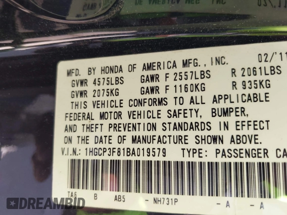 2011 Honda Accord EX-L with VIN 1HGCP3F81BA019579, listed as a IAAI auction lot 42457961 with 196,564 mi miles and . Bid and sale history available at DreamBid. Image 9.