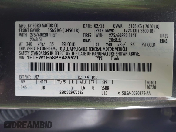 2023 Ford F-150 XL with VIN 1FTFW1E58PFA85521, listed as a IAAI auction lot 42334349 with 39,356 mi miles and . Bid and sale history available at DreamBid. Image 9.