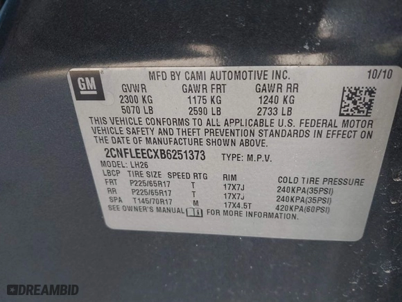 2011 Chevrolet Equinox LT w/1LT with VIN 2CNFLEECXB6251373, listed as a IAAI auction lot 41664976 with 174,453 mi miles. Bid and sale history available at carsss.com. Image 9.