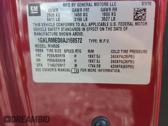 2010 GMC Acadia SLT1 with VIN 1GKLRMED8AJ168572, listed as a Copart auction lot 61465395 with 99,887 mi miles and Salvage title. Bid and sale history available at DreamBid. Image 13.