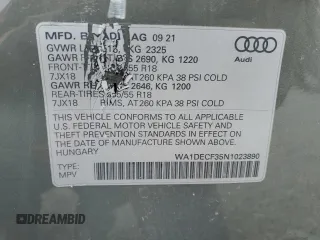 2022 Audi Q3 S line Premium z VIN WA1DECF35N1023890, wystawiony jako Copart lot #56764655 z przebiegiem 36 220 mil mil oraz Szkoda całkowita • Salvage title. Historia ofert i sprzedaży dostępna na DreamBid. Obrazek 14.