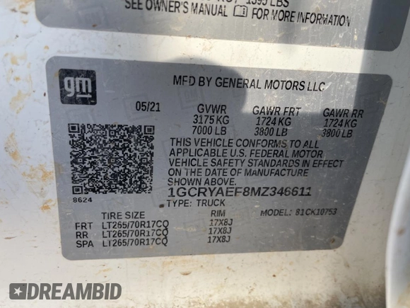 2021 Chevrolet Silverado 1500 Work Truck with VIN 1GCRYAEF8MZ346611, listed as a Copart auction lot 42602635 with 103,148 mi miles and Clean Title. Bid and sale history available at DreamBid. Image 10.