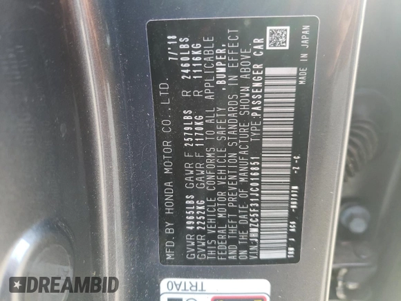 2018 Honda Clarity Plug-In Hybrid Touring with VIN JHMZC5F31JC016851, listed as a Copart auction lot 71232293 with 61,398 mi miles. Bid and sale history available at carsss.com. Image 12.