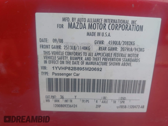 2009 Mazda 6 S Grand Touring with VIN 1YVHP82B895M20692, listed as a IAAI auction lot 42134552 with 264,332 mi miles and . Bid and sale history available at DreamBid. Image 9.