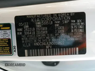 2022 Kia EV6 Wind z VIN KNDC34LA2N5059822, wystawiony jako Copart lot #54371445 z przebiegiem 78 895 mil mil oraz Szkoda całkowita • Salvage title. Historia ofert i sprzedaży dostępna na DreamBid. Obrazek 13.