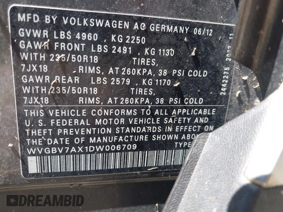 2013 Volkswagen Tiguan SE z VIN WVGBV7AX1DW006709, wystawiony jako IAAI lot #42388899 z przebiegiem 150 903 mil mil oraz . Historia ofert i sprzedaży dostępna na DreamBid. Obrazek 9.