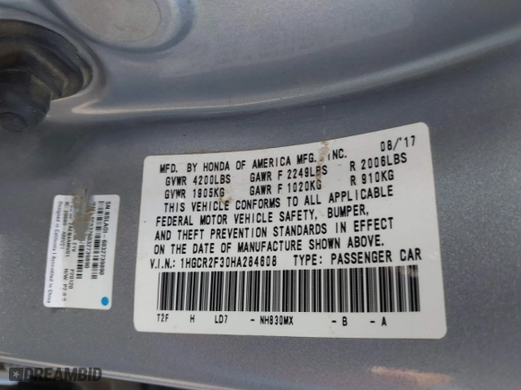 2017 Honda Accord Sedan LX with VIN 1HGCR2F30HA284608, listed as a IAAI auction lot 41808285 with 165,120 mi miles. Bid and sale history available at carsss.com. Image 9.