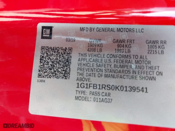 2019 Chevrolet Camaro 1LT with VIN 1G1FB1RS0K0139541, listed as a IAAI auction lot 41674031 with 62,602 mi miles. Bid and sale history available at carsss.com. Image 9.