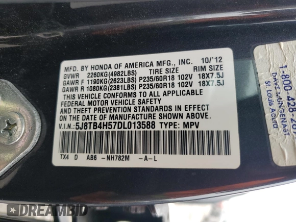 2013 Acura RDX Technology with VIN 5J8TB4H57DL013588, listed as a Copart auction lot 52813285 with 238,856 mi miles and Clean Title. Bid and sale history available at DreamBid. Image 12.