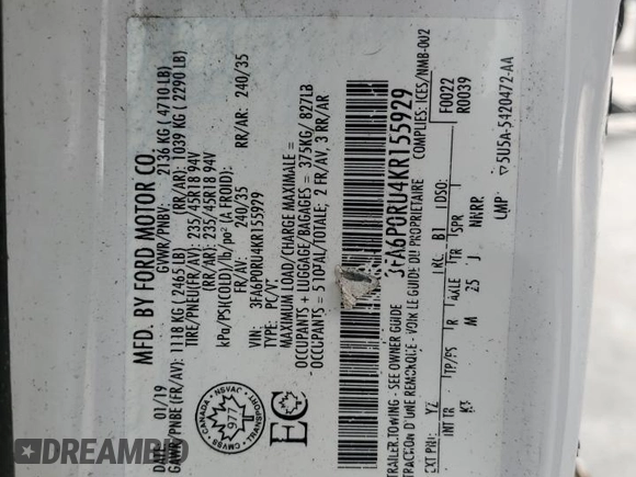 2019 Ford Fusion Hybrid Titanium with VIN 3FA6P0RU4KR155929, listed as a Copart auction lot 46253875 with 0 mi miles and Non Repairable. Bid and sale history available at carsss.com. Image 15.