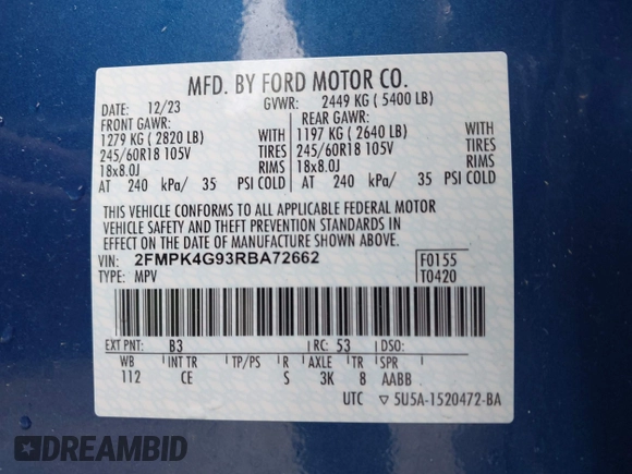 2024 Ford Edge SE z VIN 2FMPK4G93RBA72662, wystawiony jako IAAI lot #42097425 z przebiegiem 7 234 mil mil oraz . Historia ofert i sprzedaży dostępna na DreamBid. Obrazek 9.
