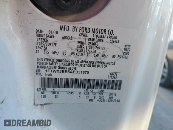 2010 Ford F-350 with VIN 1FTWX3BR5AEB31870, listed as a Copart auction lot 83273114 with 193,609 mi miles and Clean title. Bid and sale history available at DreamBid. Image 12.