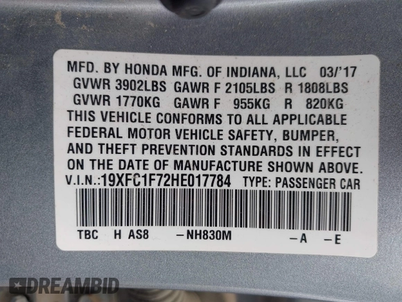 2017 Honda Civic EX-L с VIN 19XFC1F72HE017784, выставлен на аукционе IAAI как лот 42343789 с пробегом 146 487 миль миль и . История ставок и продаж доступна на DreamBid. Изображение 9.