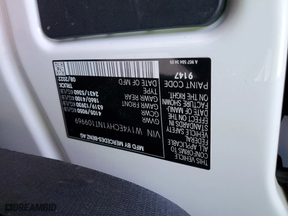 2022 Mercedes-Benz Sprinter Cargo Van with VIN W1Y4ECHY1NT109969, listed as a Copart auction lot 43406685 with 72,297 mi miles and Salvage Title. Bid and sale history available at carsss.com. Image 12.