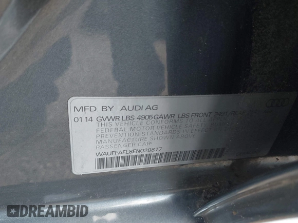 2014 Audi A4 Premium Plus with VIN WAUFFAFL8EN028877, listed as a IAAI auction lot 41736915 with 112,021 mi miles. Bid and sale history available at carsss.com. Image 9.