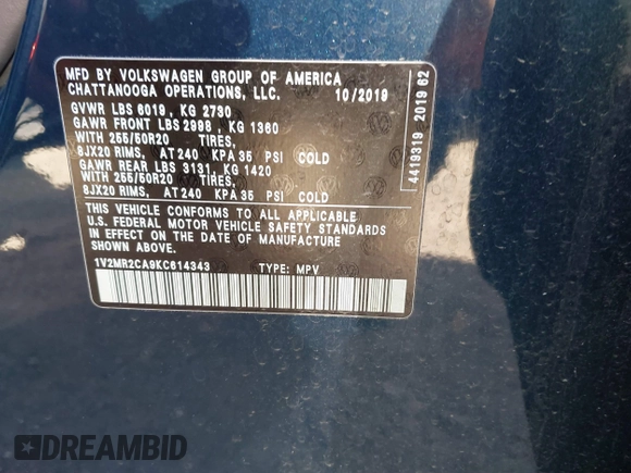 2019 Volkswagen Atlas SEL with VIN 1V2MR2CA9KC614343, listed as a IAAI auction lot 41748405 with 54,676 mi miles and . Bid and sale history available at DreamBid. Image 9.