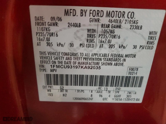 2007 Ford Escape XLT with VIN 1FMCU93197KA92035, listed as a Copart auction lot 47050015 with 246,808 mi miles and Salvage Title. Bid and sale history available at carsss.com. Image 12.