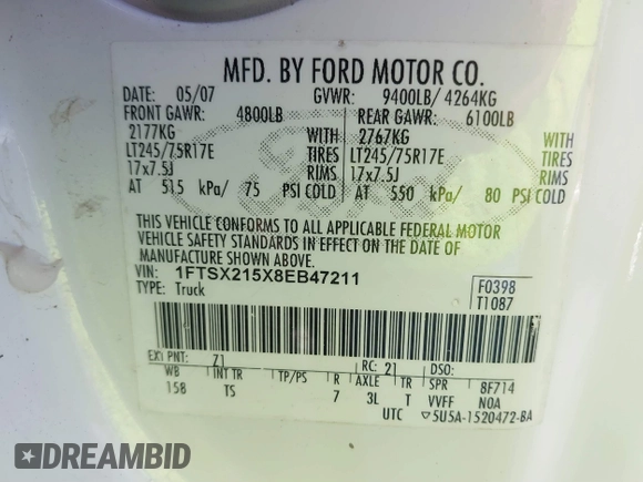 2008 Ford Super Duty F-250 SRW XL with VIN 1FTSX215X8EB47211, listed as a IAAI auction lot 41835753 with 274,515 mi miles. Bid and sale history available at carsss.com. Image 9.